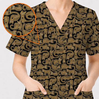 Cute Tabby Cat Pattern Scrub Top, Brown Tabby Cat Nursing Uniform for Cat Lovers, Comfortable Feline Scrubs for Nurses