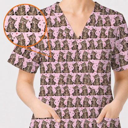 Cute Tabby Cat Pattern Scrub Top, Heart Paw Cat Nurse Scrubs, Breathable Fabrics Nursing Uniform