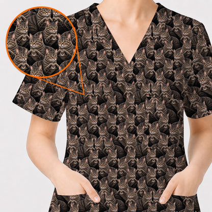 Tabby Cat Pattern Scrub Top, Brown Tabby Cat Nurse Scrubs, Cat Lover Nursing Uniform