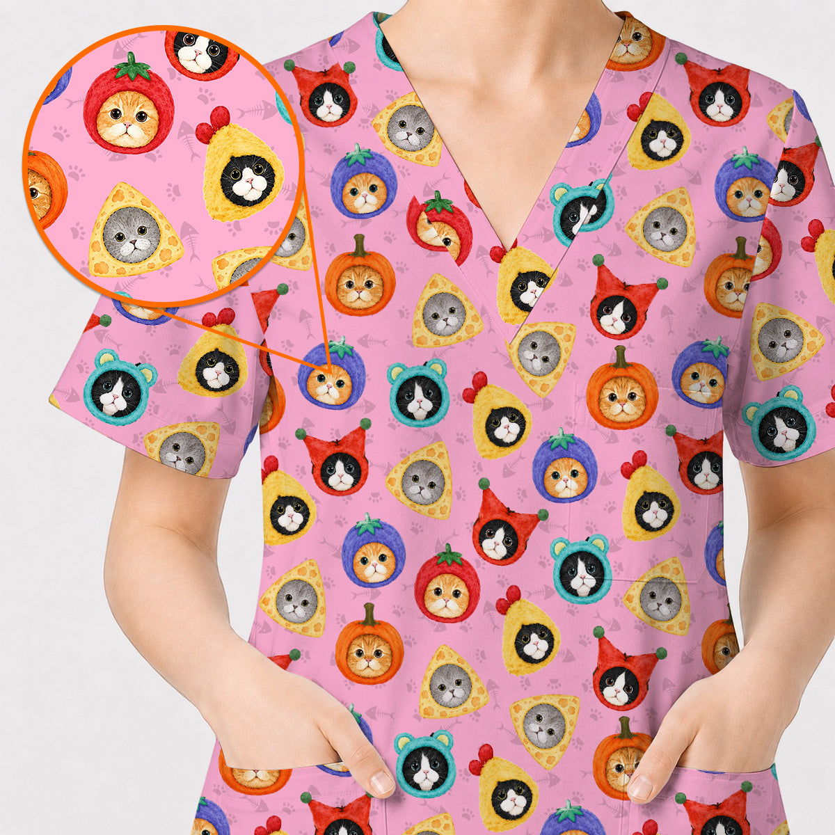 Funny Cat Pattern Scrub Top, Cute Kitty Nursing Uniform for Cat Lovers, Comfortable Medical Scrubs for Nurses