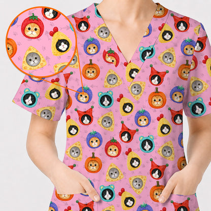 Funny Cat Pattern Scrub Top, Cute Kitty Nursing Uniform for Cat Lovers, Comfortable Medical Scrubs for Nurses