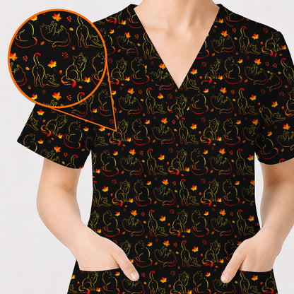Autumn Black Cat Scrub Top, Fall Cat Nursing Uniform for Cat Lovers, Comfortable Feline Medical Scrubs For Nurse