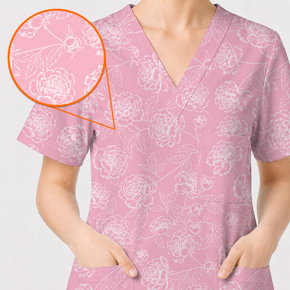 Peony Floral Pattern Scrub Top, Pink Peony Nurse Scrubs, Floral Nursing Uniform
