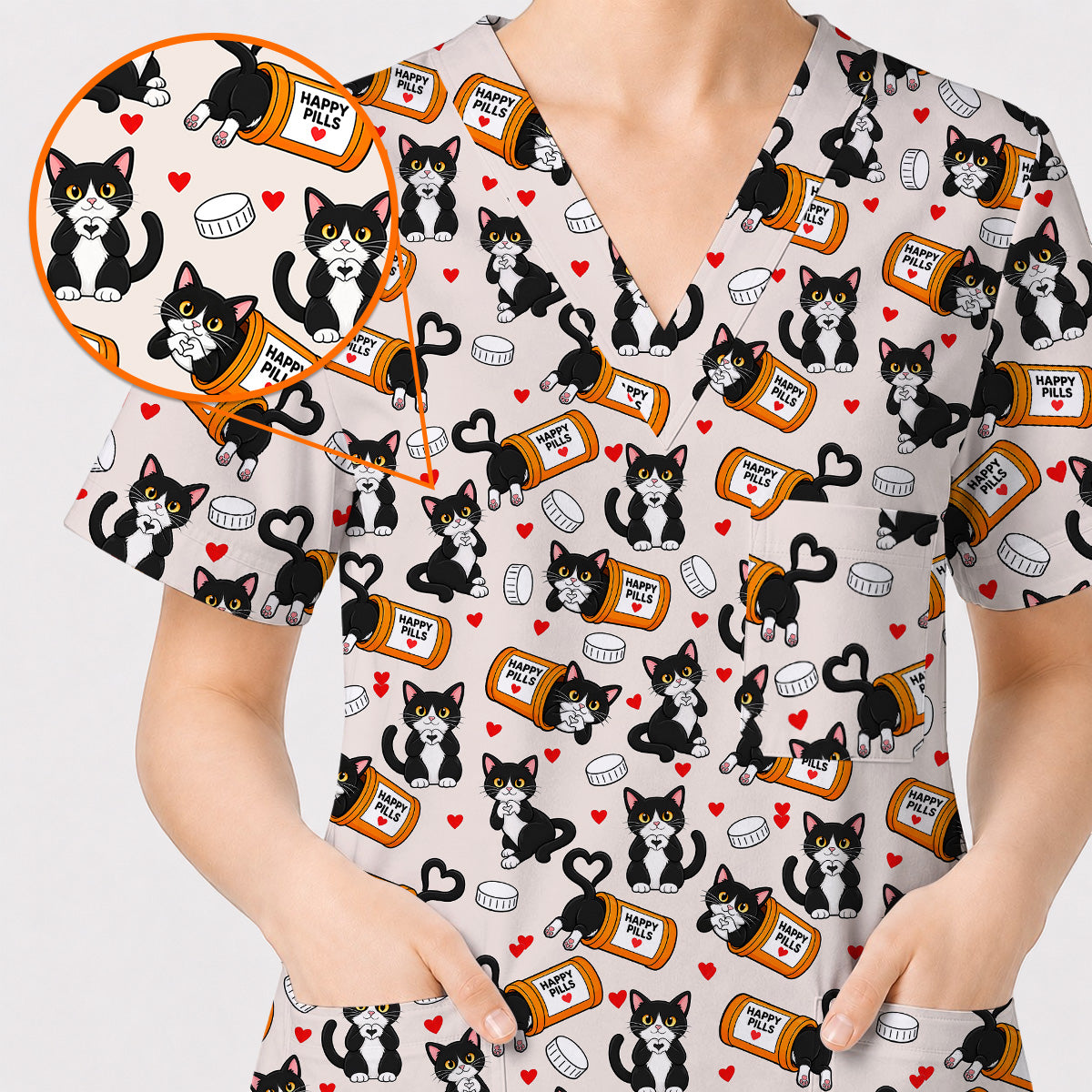 Cute Cat Nurse Scrub Top, Funny Happy Pills Medical Scrubs, Cat Lover Healthcare Uniform