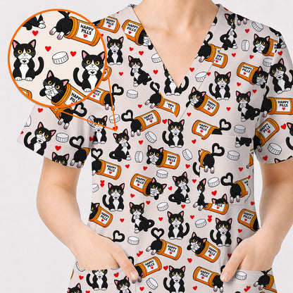 Cute Cat Nurse Scrub Top, Funny Happy Pills Medical Scrubs, Cat Lover Healthcare Uniform
