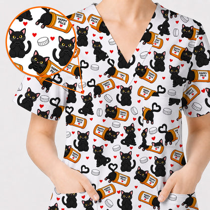 Black Cat Happy Pills Nurse Scrub Top, Funny Pharmacy Cat Scrubs for Nurses, Cute Medical Nursing Uniform Gift
