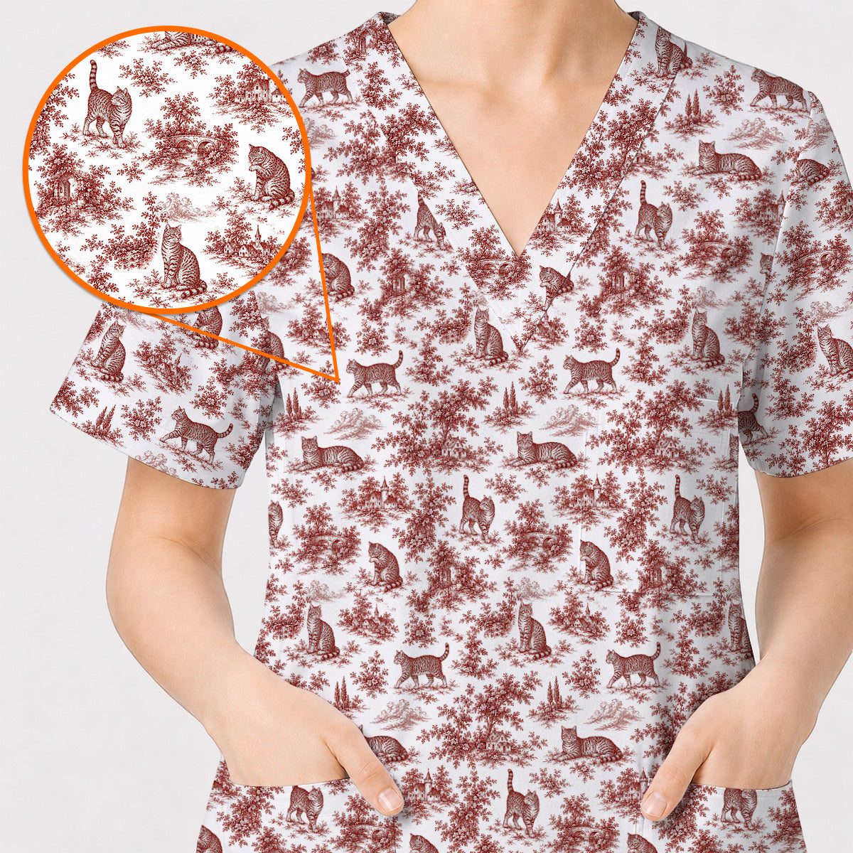 Toile de Jouy Cat Scrub Top, Crazy Cats Pattern Nursing Uniform for Cat Lovers, Vintage Feline Medical Scrubs