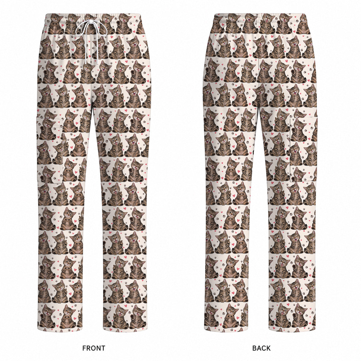 Cute Tabby Cat Pattern Scrub Top, Heart Paw Cat Nurse Scrubs, Breathable Fabrics Nursing Uniform