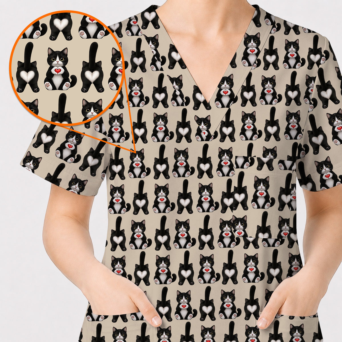 Funny Tuxedo Cat Pattern Scrub Top, Cute Cat Nurse Scrubs, Breathable Fabrics Nursing Uniform
