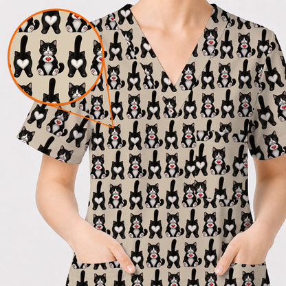 Funny Tuxedo Cat Pattern Scrub Top, Cute Cat Nurse Scrubs, Breathable Fabrics Nursing Uniform