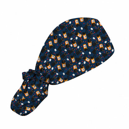 Black Cat Happy Pills Nurse Scrub Caps, Funny Pharmacy Cat Scrubs for Nurses, Cute Medical Nursing Cap Gift
