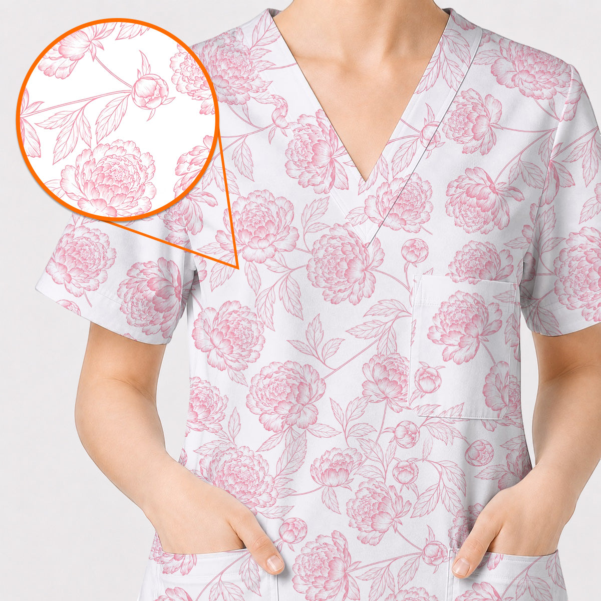 Peony Floral Pattern Scrub Top, Pink Peony Nurse Scrubs, Floral Nursing Uniform