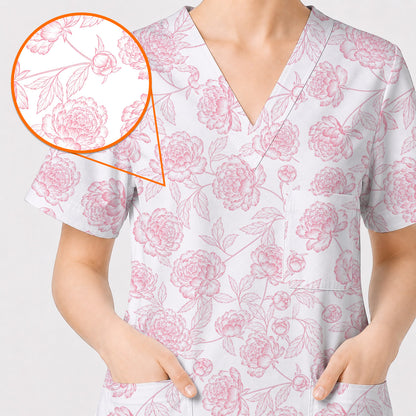 Peony Floral Pattern Scrub Top, Pink Peony Nurse Scrubs, Floral Nursing Uniform