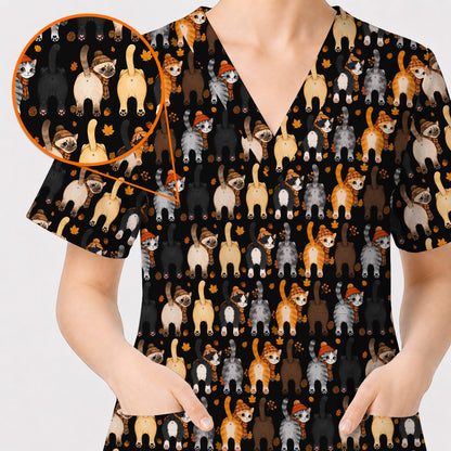 Funny Autumn Cat Scrub Top, Cozy Fall Cat Scrubs Nurse for Cat Lovers, Breathable Fabrics Nursing Uniform