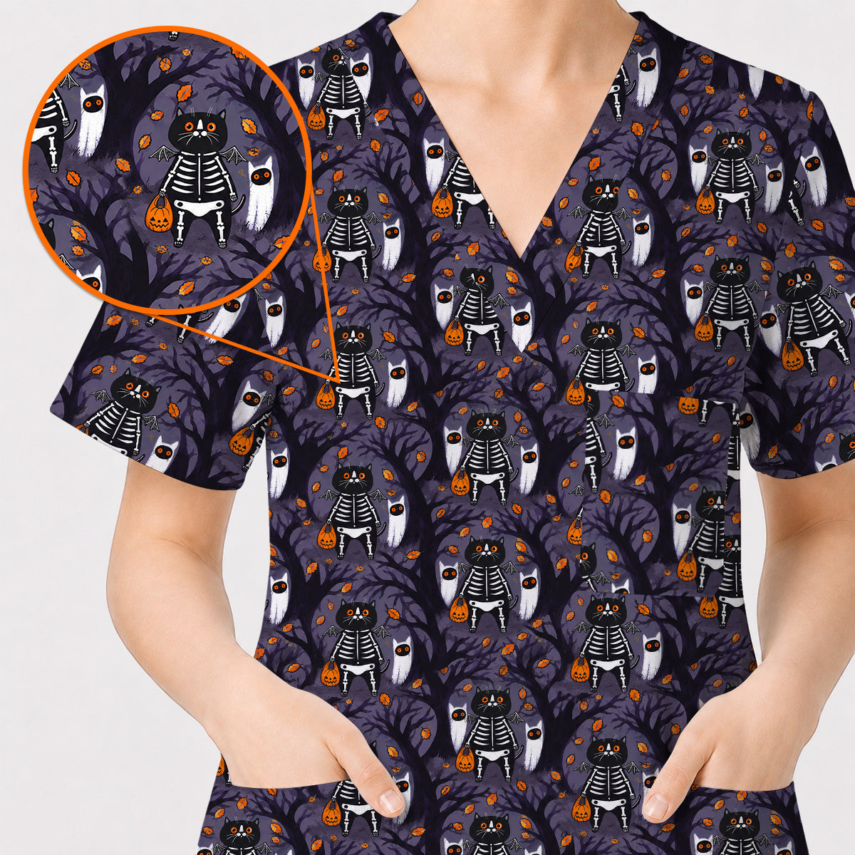 Skeleton Cat Halloween Scrub Top, Spooky Black Cat Nurse Scrubs, Halloween Medical Uniform
