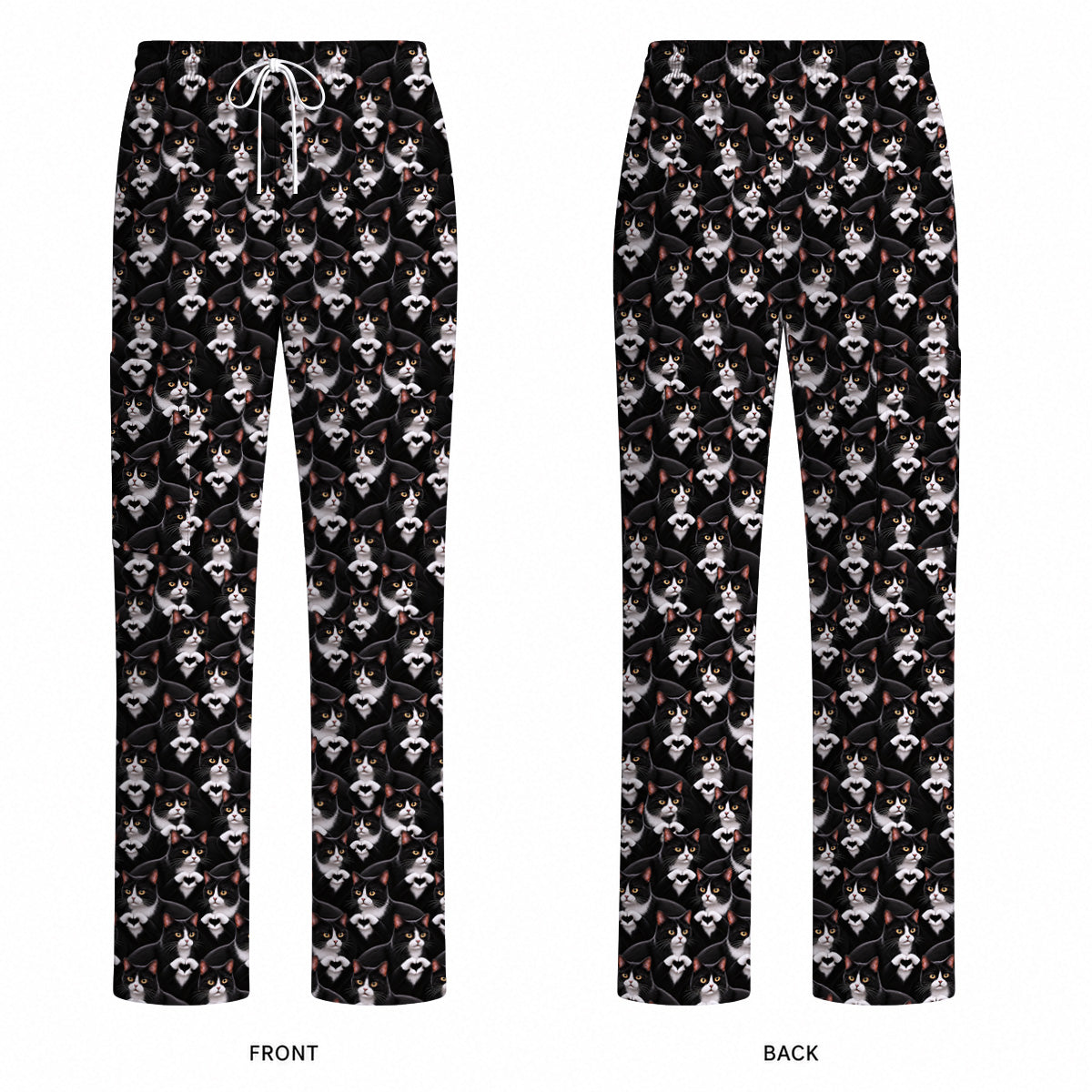 Tuxedo Cat Pattern Scrub Top, Black And White Cat Nurse Scrubs, Breathable Fabrics Nursing Uniform