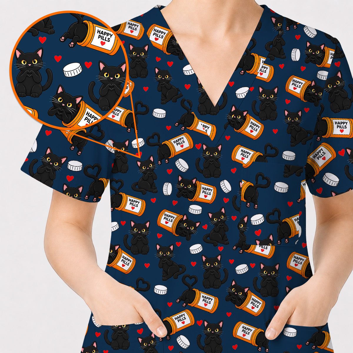 Black Cat Happy Pills Nurse Scrub Top, Funny Pharmacy Cat Scrubs for Nurses, Cute Medical Nursing Uniform Gift