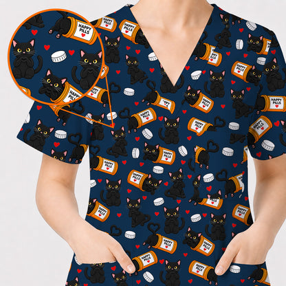 Black Cat Happy Pills Nurse Scrub Top, Funny Pharmacy Cat Scrubs for Nurses, Cute Medical Nursing Uniform Gift