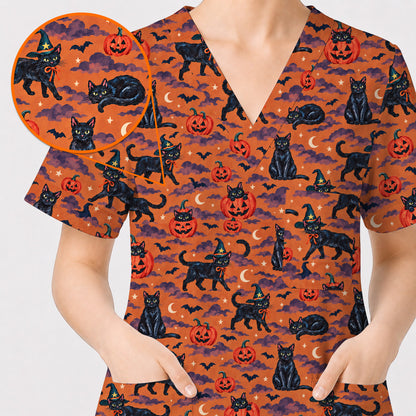 Black Cat Halloween Scrub Top, Witchy Pumpkin Nurse Scrubs, Spooky Season Healthcare Uniform