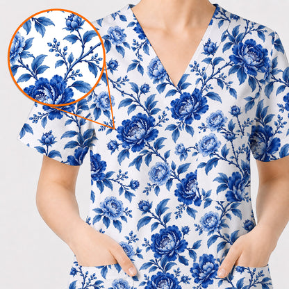 Peony Floral Scrub Top for Women, Elegant Peony Nurse Scrub Shirt, Floral Nursing Uniform For Healthcare Workers