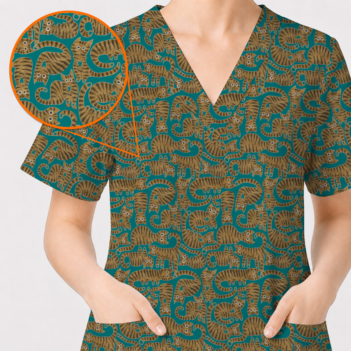 Cute Tabby Cat Pattern Scrub Top, Brown Tabby Cat Nursing Uniform for Cat Lovers, Comfortable Feline Scrubs for Nurses