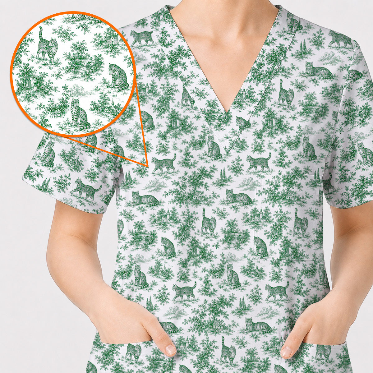 Toile de Jouy Cat Scrub Top, Crazy Cats Pattern Nursing Uniform for Cat Lovers, Vintage Feline Medical Scrubs