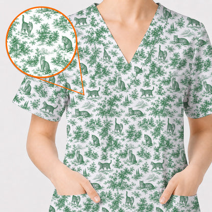 Toile de Jouy Cat Scrub Top, Crazy Cats Pattern Nursing Uniform for Cat Lovers, Vintage Feline Medical Scrubs
