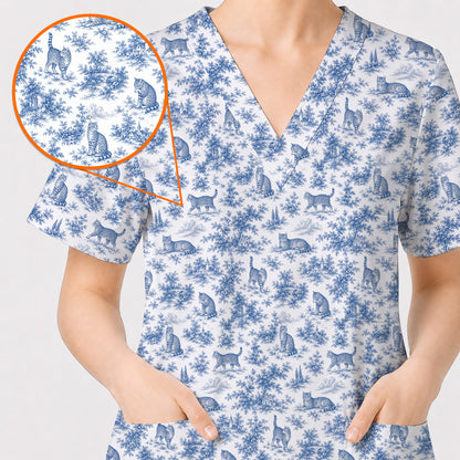 Toile de Jouy Cat Scrub Top, Crazy Cats Pattern Nursing Uniform for Cat Lovers, Vintage Feline Medical Scrubs