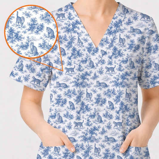 Toile de Jouy Cat Scrub Top, Crazy Cats Pattern Nursing Uniform for Cat Lovers, Vintage Feline Medical Scrubs