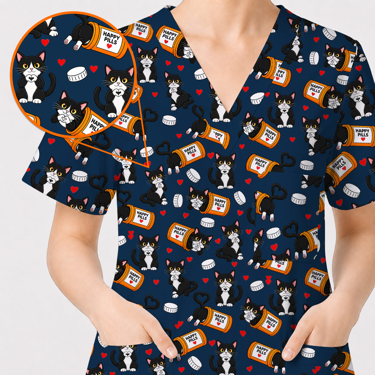 Cute Cat Nurse Scrub Top, Funny Happy Pills Medical Scrubs, Cat Lover Healthcare Uniform