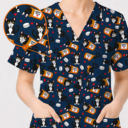 Cute Cat Nurse Scrub Top, Funny Happy Pills Medical Scrubs, Cat Lover Healthcare Uniform