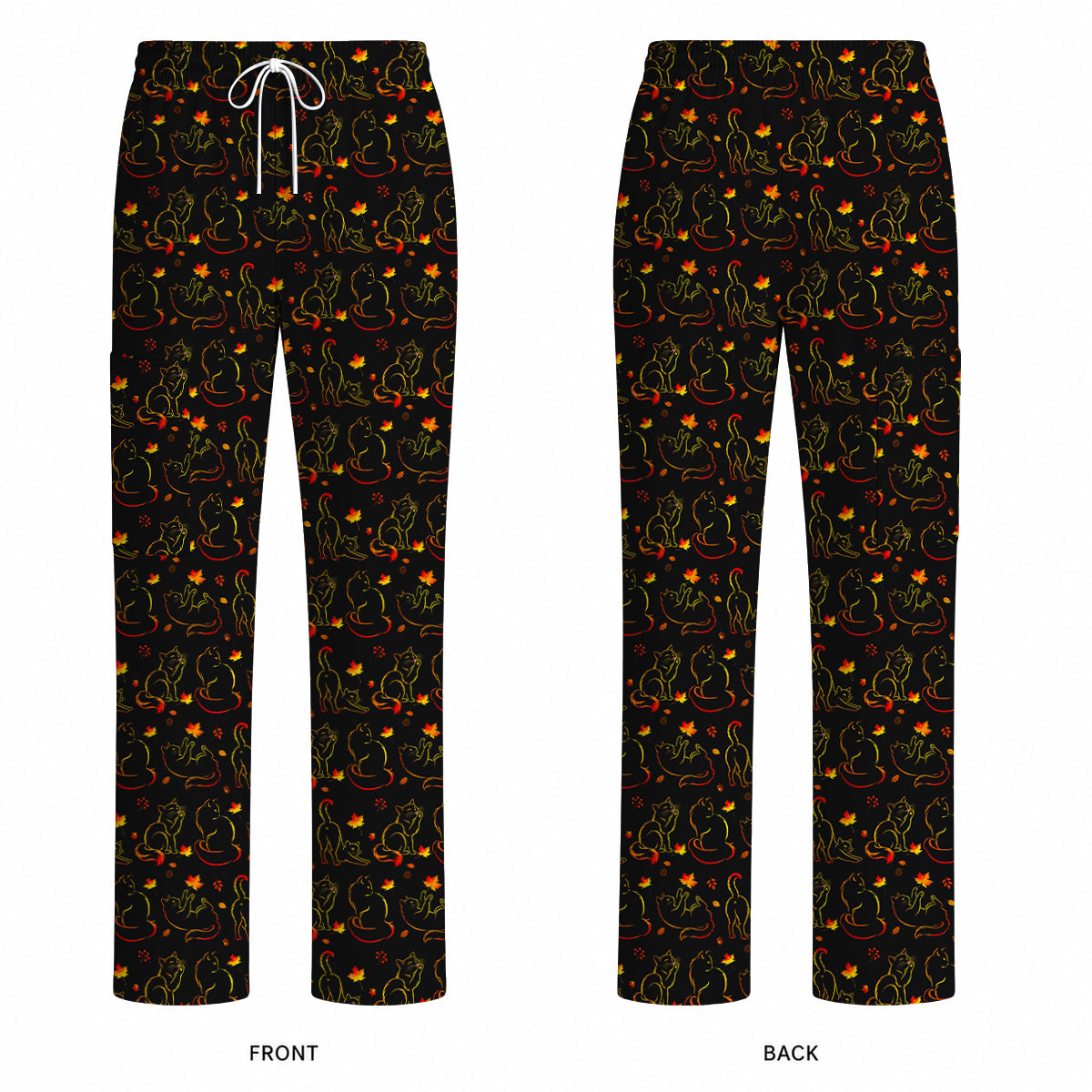 Autumn Black Cat Scrub Top, Fall Cat Nursing Uniform for Cat Lovers, Comfortable Feline Medical Scrubs For Nurse