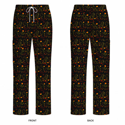 Autumn Black Cat Scrub Top, Fall Cat Nursing Uniform for Cat Lovers, Comfortable Feline Medical Scrubs For Nurse