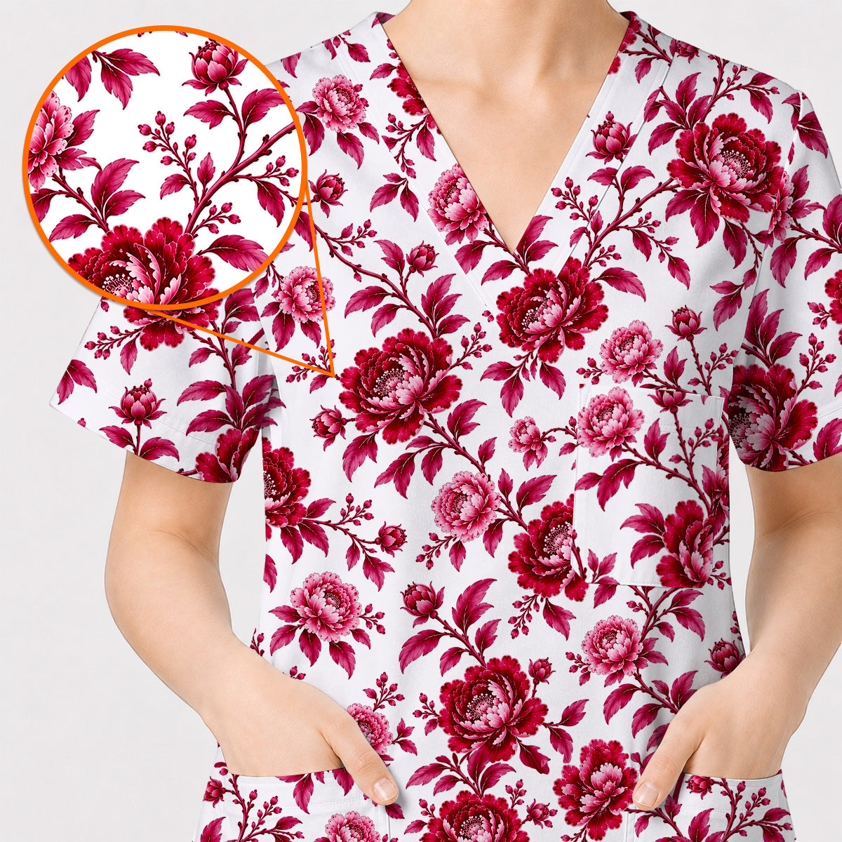 Peony Floral Scrub Top for Women, Elegant Peony Nurse Scrub Shirt, Floral Nursing Uniform For Healthcare Workers