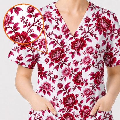 Peony Floral Scrub Top for Women, Elegant Peony Nurse Scrub Shirt, Floral Nursing Uniform For Healthcare Workers