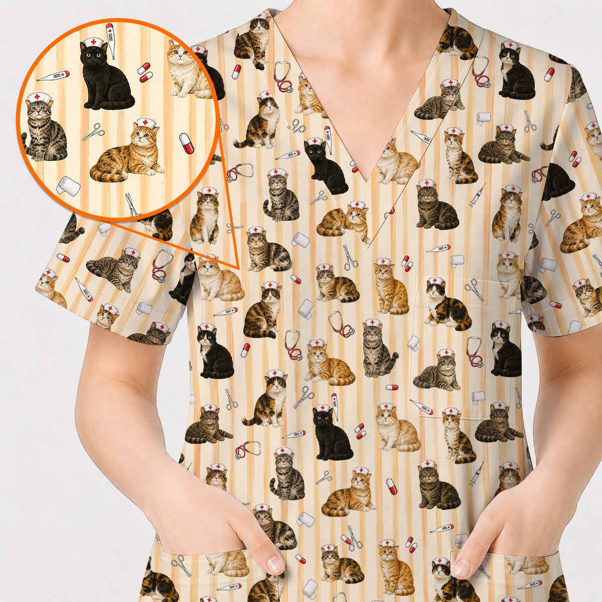 Nurse Cat Scrub Top, Cat Lover Medical Nurse Uniform for Veterinary & Healthcare Workers, Comfortable Feline Nursing Scrubs
