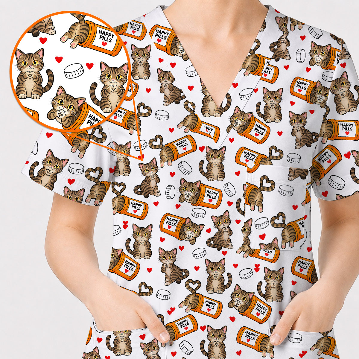 Tabby Cat Nurse Scrub Top, Happy Pills Medical Scrubs, Cute Cat Lover Healthcare Uniform
