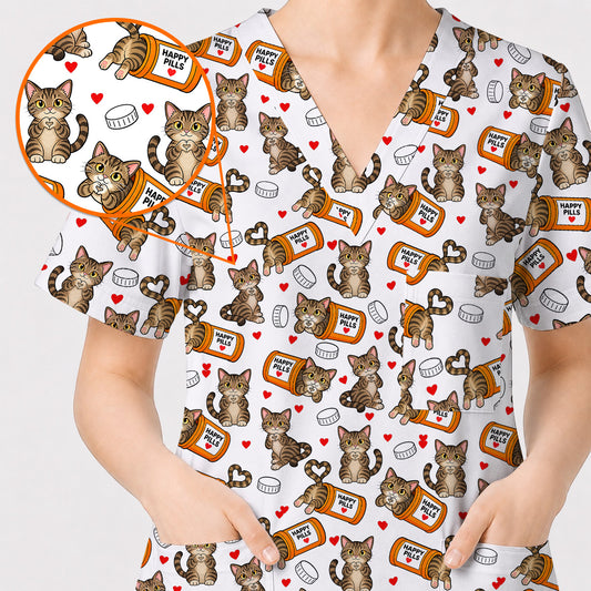 Tabby Cat Nurse Scrub Top, Happy Pills Medical Scrubs, Cute Cat Lover Healthcare Uniform