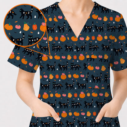 Halloween Black Cat Scrub Top, Pumpkin Cat Print Scrubs, Spooky Nurse Uniform