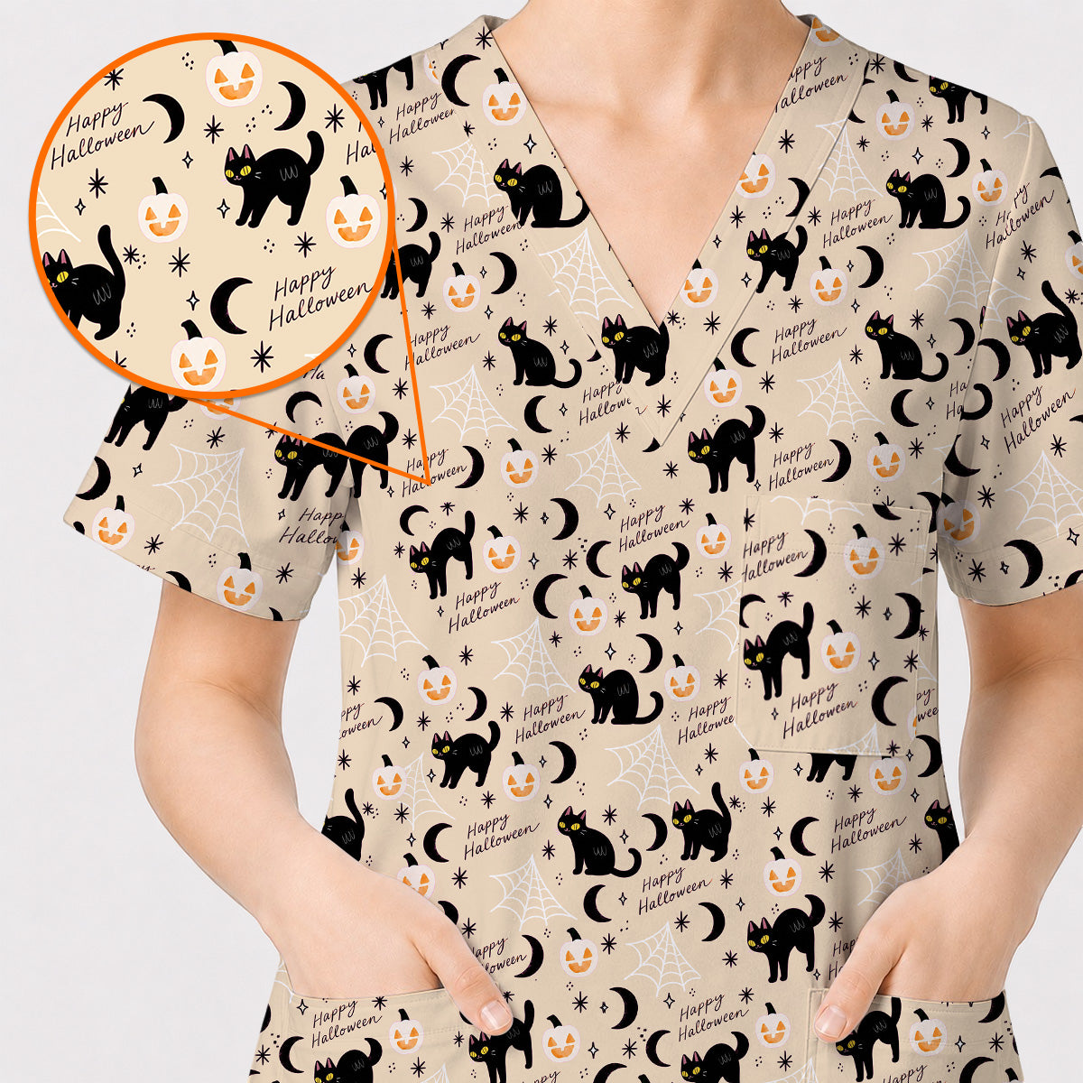 Black Cat Halloween Scrub Top, Cute Pumpkin Nurse Scrubs, Spooky Season Medical Uniform