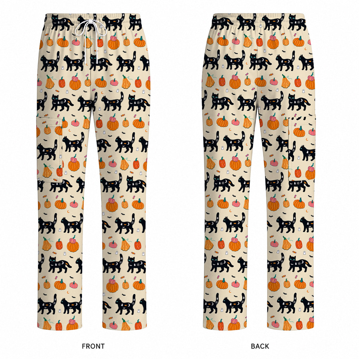 Halloween Black Cat Scrub Top, Pumpkin Cat Print Scrubs, Spooky Nurse Uniform