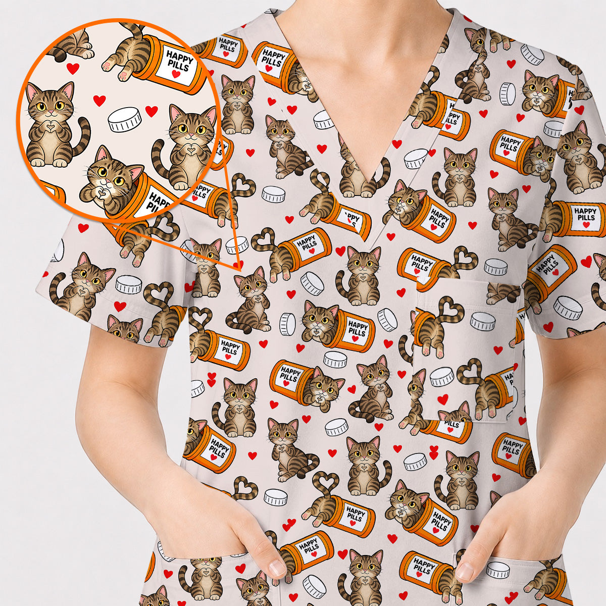 Tabby Cat Nurse Scrub Top, Happy Pills Medical Scrubs, Cute Cat Lover Healthcare Uniform