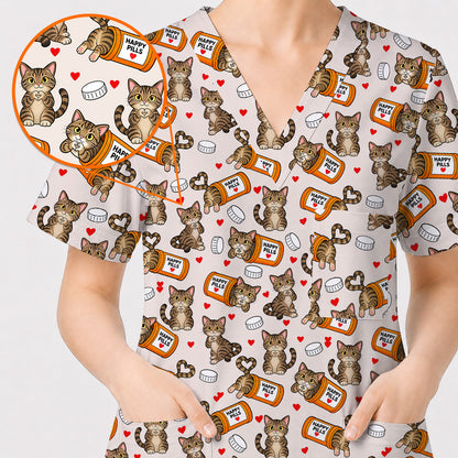 Tabby Cat Nurse Scrub Top, Happy Pills Medical Scrubs, Cute Cat Lover Healthcare Uniform