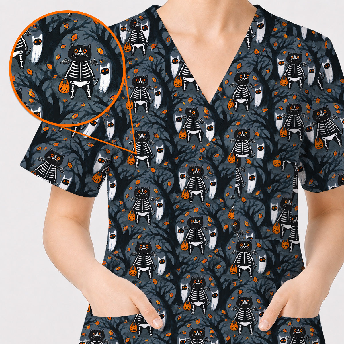 Skeleton Cat Halloween Scrub Top, Spooky Black Cat Nurse Scrubs, Halloween Medical Uniform