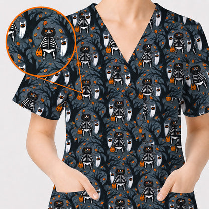 Skeleton Cat Halloween Scrub Top, Spooky Black Cat Nurse Scrubs, Halloween Medical Uniform
