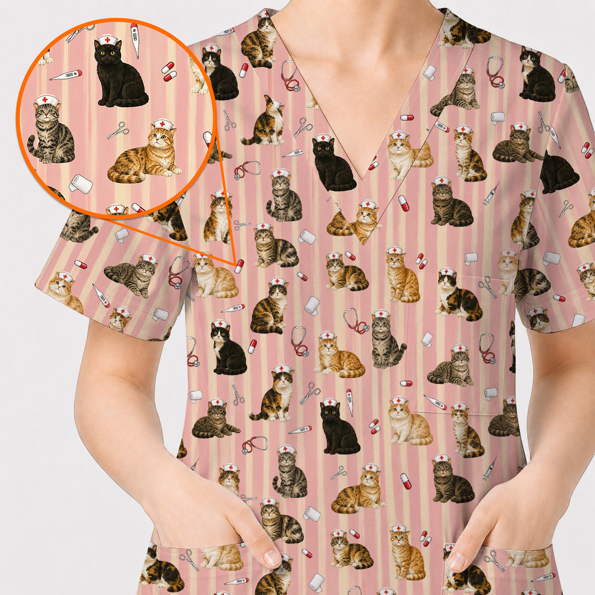 Nurse Cat Scrub Top, Cat Lover Medical Nurse Uniform for Veterinary & Healthcare Workers, Comfortable Feline Nursing Scrubs