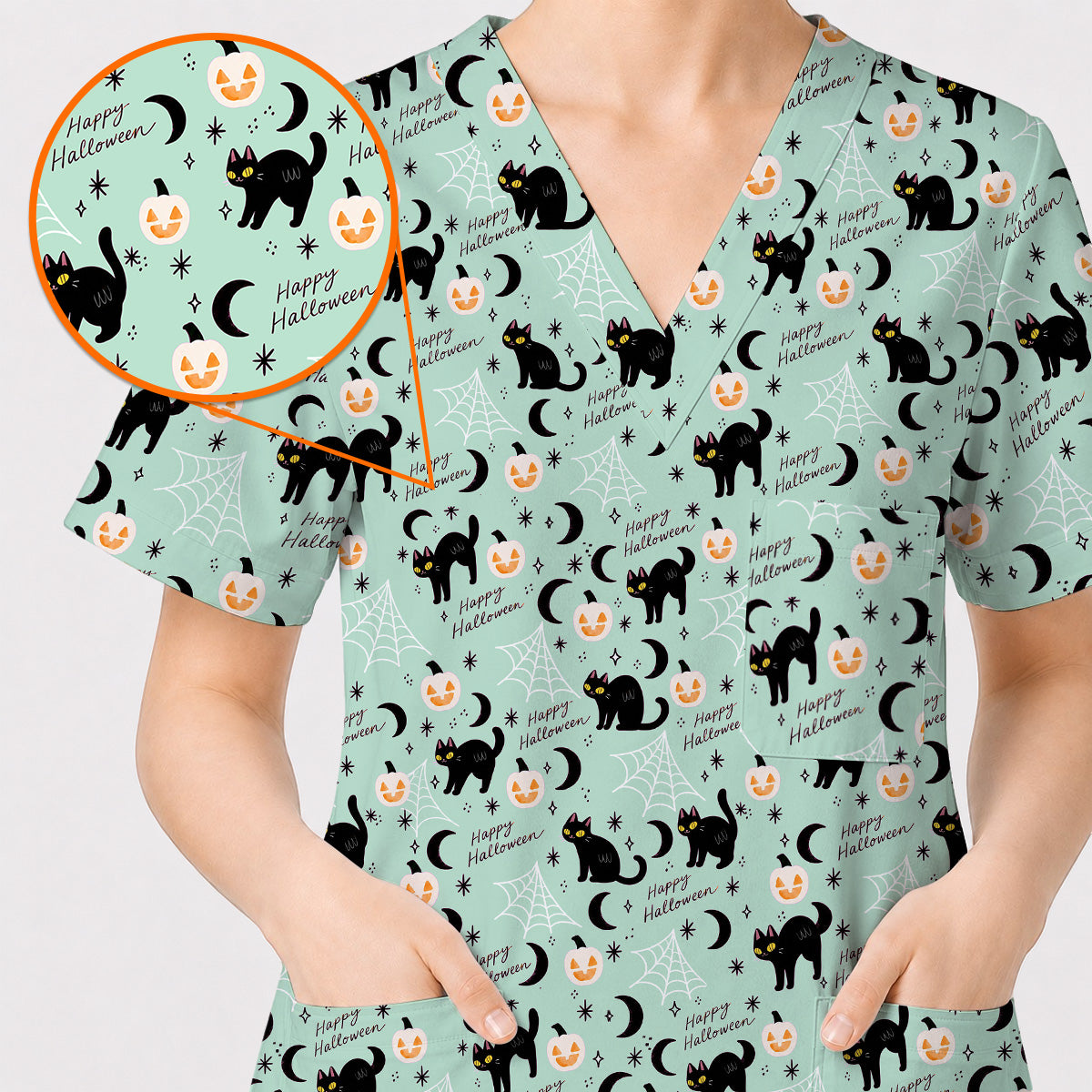 Black Cat Halloween Scrub Top, Cute Pumpkin Nurse Scrubs, Spooky Season Medical Uniform