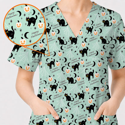 Black Cat Halloween Scrub Top, Cute Pumpkin Nurse Scrubs, Spooky Season Medical Uniform