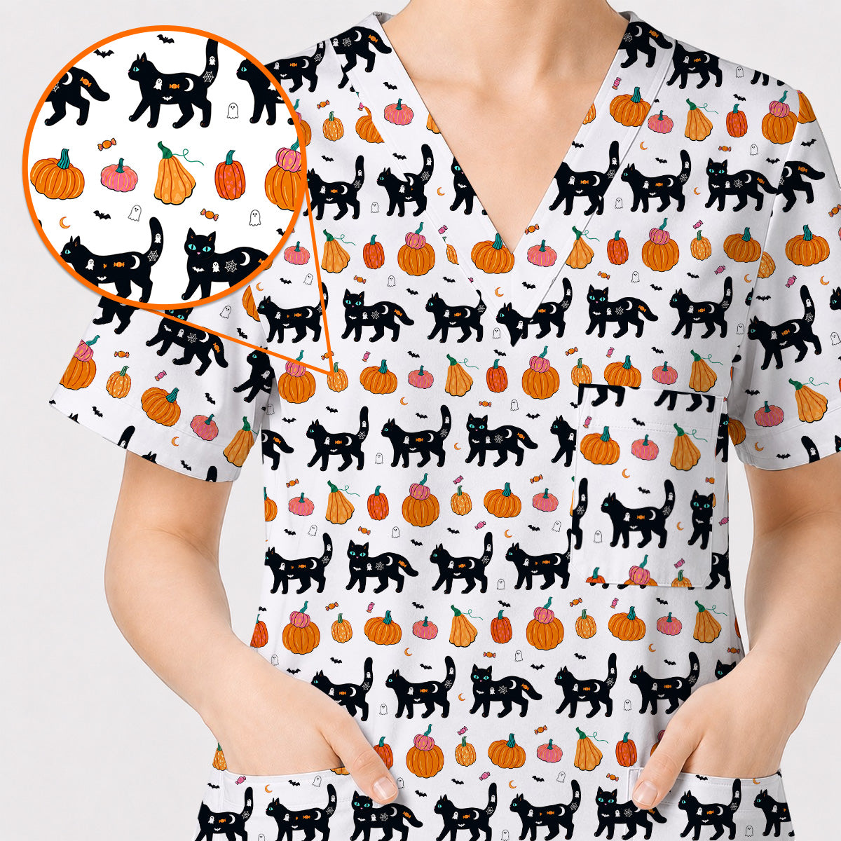 Halloween Black Cat Scrub Top, Pumpkin Cat Print Scrubs, Spooky Nurse Uniform