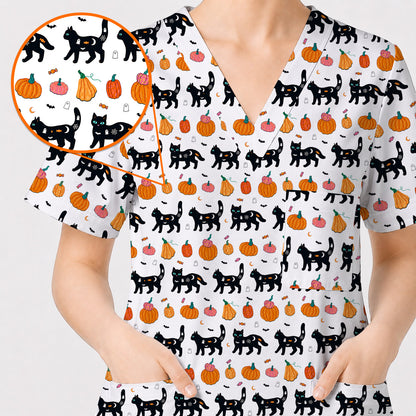 Halloween Black Cat Scrub Top, Pumpkin Cat Print Scrubs, Spooky Nurse Uniform